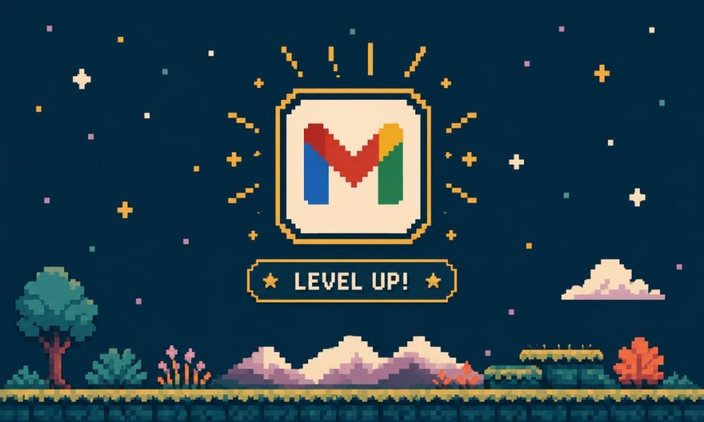Ilustración retro en estilo pixel art 8-bit inspirada en los videojuegos clásicos. En el centro aparece el logotipo de Gmail convertido en un icono de logro desbloqueado, rodeado de destellos y efectos luminosos. Debajo del icono se lee “LEVEL UP!” en tipografía pixelada pequeña. La escena muestra un paisaje nocturno con montañas, árboles y estrellas, utilizando una paleta de colores suaves con azul petróleo, beige, mostaza, coral y malva.