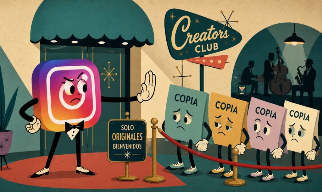 Ilustración horizontal estilo cartoon retro de los años 50, inspirada en el diseño Art Deco y la animación UPA. En la escena, un personaje con forma del logo de Instagram actúa como portero de un club llamado “Creators Club”, levantando la mano para impedir el paso. Frente a él, una fila de personajes planos con la palabra “COPIA” en el cuerpo esperan tristes detrás de una cuerda. El ambiente recuerda a un club de jazz vintage, con músicos en silueta al fondo, iluminación cálida y una textura de papel con grano que refuerza la estética clásica.