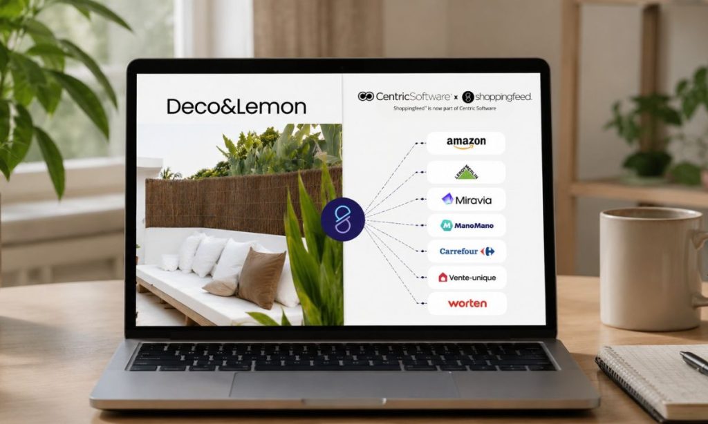 Portátil mostrando una integración de Shoppingfeed con distintos marketplaces para gestionar ventas multicanal en eCommerce y retail digital.