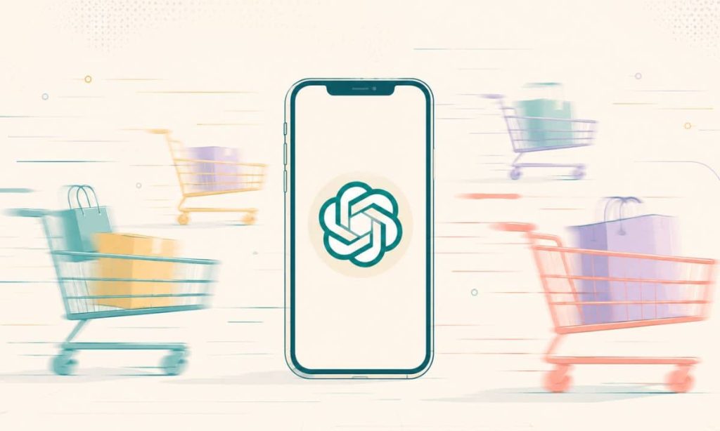 una imagen en la que aparezca un móvil con el logo de Chatgpt en pantalla. Por detrás, y con efecto de desenfoque por movimiento , carritos de la compra desplazandose