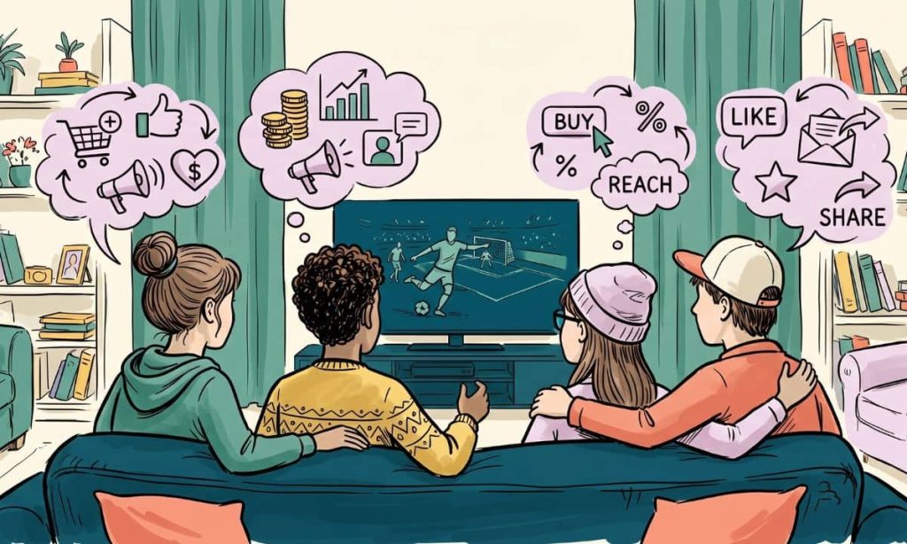 una ilustración de trazo abierto, al estilo de las de las revistas de gran prestigio en la que se vea a un pequeño grupo de chicos y chicas de espaldas, viendo un partido de futbol en la tele. De sus cabezas salen iconos virtuales relacionados con el marketing, como carritos de la compra, likes, corazones, dinero... Formato de 16/9
