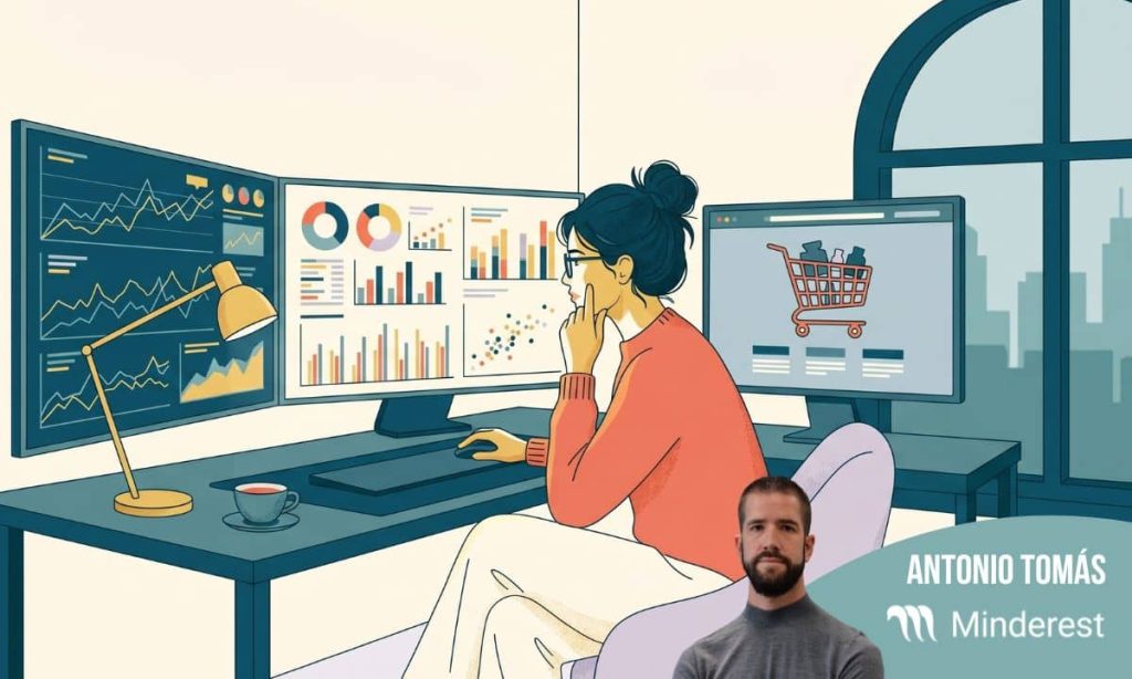 una mujer ve una multipantalla con indicadores de dynamic pricing. Aparece la imagen de antonio tomás de minderest