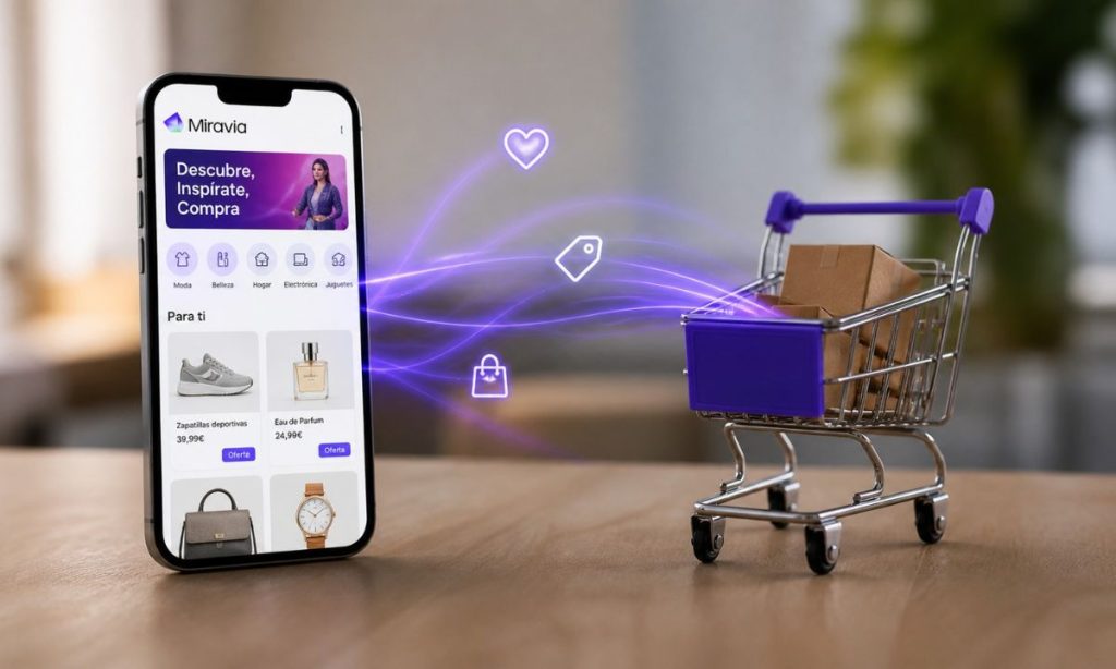 Imagen de un móvil con una app de compras conectando con un carrito, representando la experiencia de compra digital y el impacto del retail media en eCommerce.