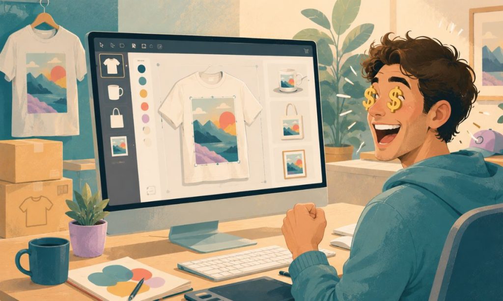 Ilustración editorial de estilo revista que muestra a una persona trabajando en un ordenador con un editor de imágenes para impresión bajo demanda. En la pantalla aparecen diseños aplicados a productos como camisetas y tazas, mientras el personaje sonríe exageradamente con símbolos de dólar en los ojos al estilo cómic. La escena utiliza una paleta suave de tonos azul petróleo, coral, mostaza, malva y beige, en un entorno creativo y tecnológico sin textos visibles.