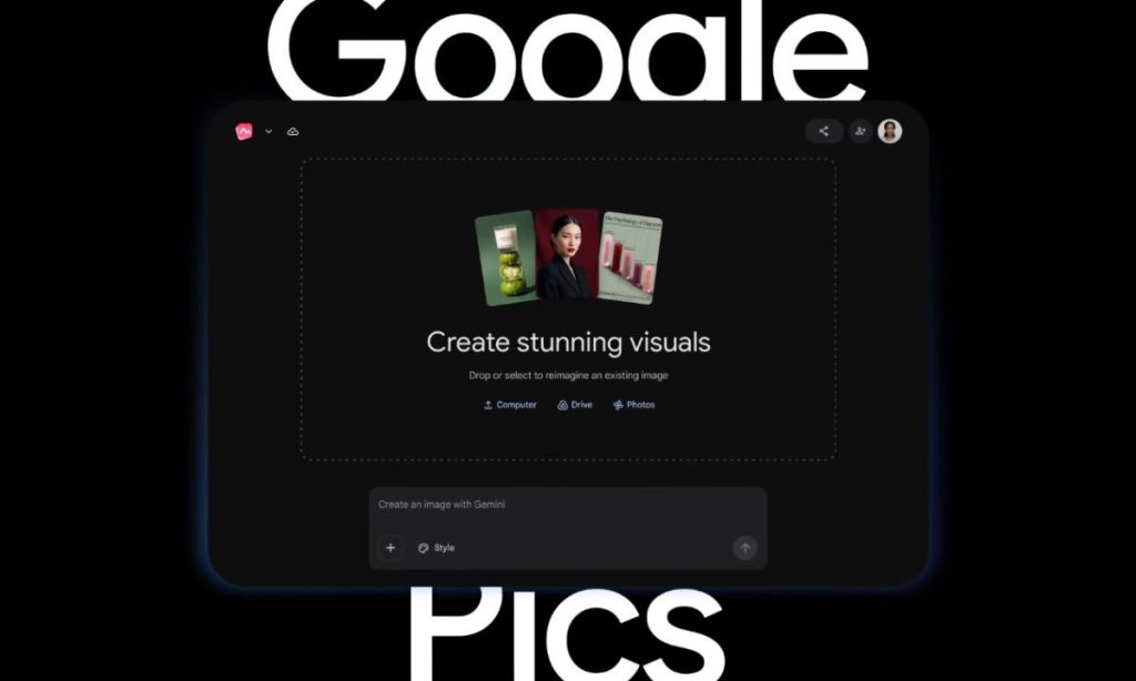 Sobre un fondo negro se ve un panel de edición y las letras Google Pics.