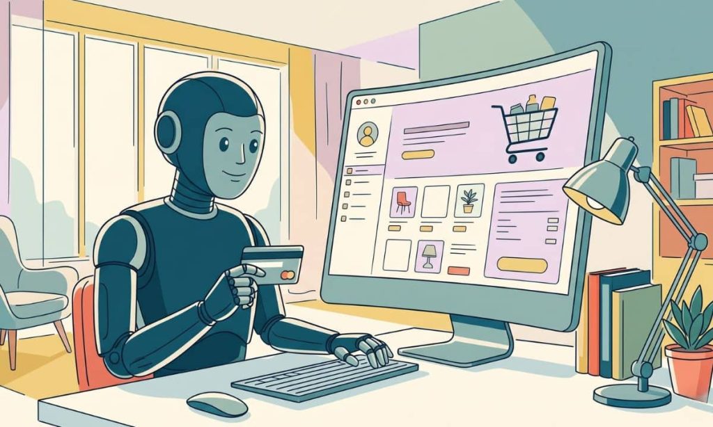 ilustración de trazo abierto, propia de revista de alto prestigio y calidad, en formato 16/9 y siguiendo la paleta de colores adjunta . En la imagen se ve a un robot agradable comprando online en un ordenador de sobremesa, en su casa. Tiene una tarjeta de crédito en la mano. En la pantalla del ordenador se ven elementos relacionados con el ecommerce, como un carrito de la compra. No incluyas textos
