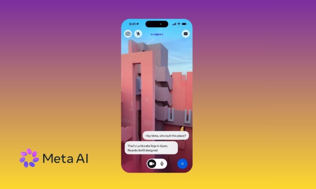 Sobre un fondo degradado morado y amarillo, aparece una captura de pantalla de teléfono móvil en la que se ve cómo se está utilizando Meta AI para enfocar un lugar real y formular preguntas a la IA sobre él en tiempo real.