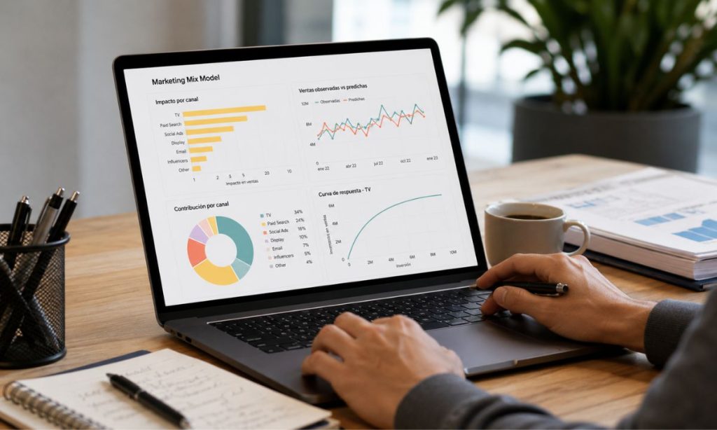 Portátil mostrando gráficos de análisis de marketing y métricas de rendimiento sobre un escritorio de oficina moderno.