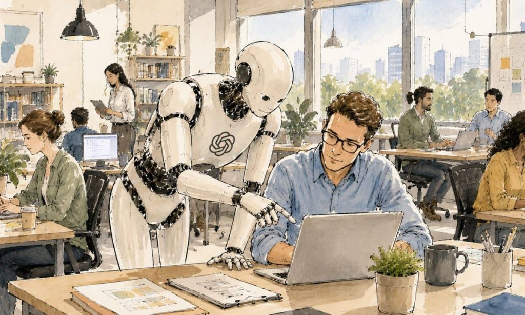 ilustración de un robot con el logo de openai en el pecho adyudando a un trabajador en una oficina