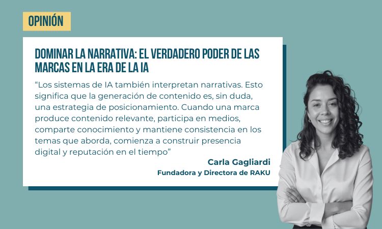 Imagen de fondo azul en la que se ve una fotograf&iacute;a en blanco y negro de  Carla Gagliardi, Fundadora y Directora de RAKU. Junto a esta, a la izquierda, aparece un fragmento de texto del art&iacute;culo de opini&oacute;n.