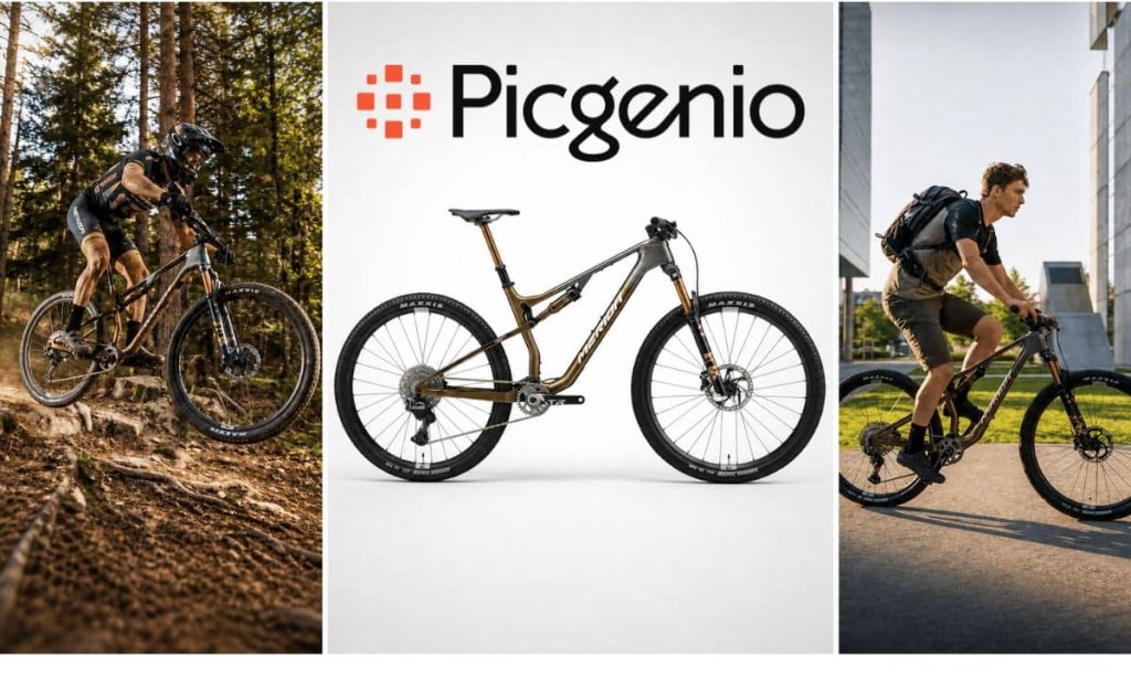 imagen en formato triptico que muestra como funciona la coherencia de imagenes con pigenio, utilizando una bicicleta para generar dos imagenes de producto en la que un chico la utiliza
