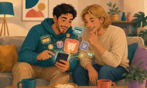 dos hombres buscando online en su sofá de su casa, utilizando el movil de uno de ellos. Del movil emergen iconos de compra online, como carritos de compra, tarjetas de crédito, dinero..