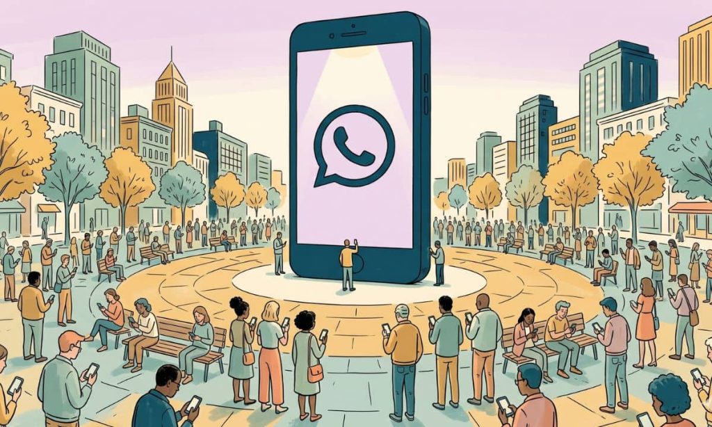 una ilustración de trazo abierto, propia de revista de prestigio en la que aparezca un gigantesco móvil con el logo de whatsapp en su pantalla en medio de una plaza. Es como si fuera un monolito. Alrededor, un montón de gente diversa usa sus móviles. Es una imagen bonita, sin textos, en 16/9