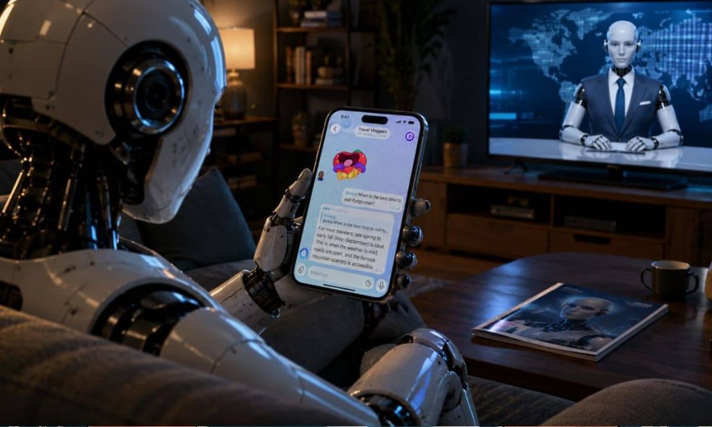 Utiliza la captura que adjunto para ponerla en la pantalla de un móvil, que está siendo sujetado por la mano de un robot, que está de espaldas. Está sentado en el sofá de su casa. En la tele, un robot da las noticias.En la mesa, una revista con un robot en portada. No incluyas textos, formato 16/9