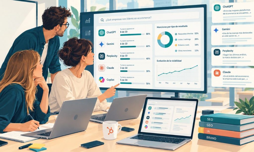 Ilustración de un equipo de marketing analizando la visibilidad de una marca en ChatGPT, Gemini, Perplexity, Claude y Copilot, con métricas de menciones, evolución y presencia en respuestas generativas.
