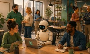 un androide trabajando en una oficina con más humanos. Los humanos son diversos (mujeres, hombres, altos, bajos, flacos, gordos, morenos, rubios)