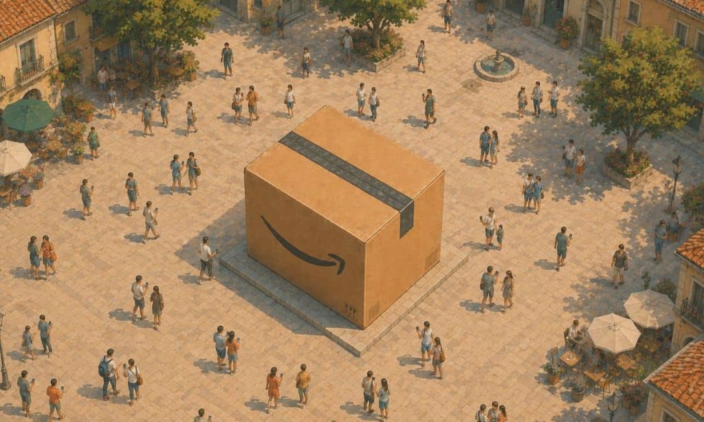 ilustración. desde un plano cenital, se ve una plaza de una ciudad europea. La gente se acerca con el móvil para ver un gigantesco paquete de amazon que ocupa el centro de la plaza. Es verano.