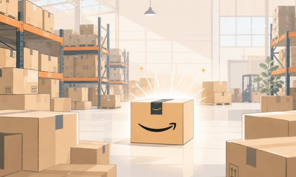 una caja de amazon reluciente en medio de más cajas en un almacén limpio y luminoso