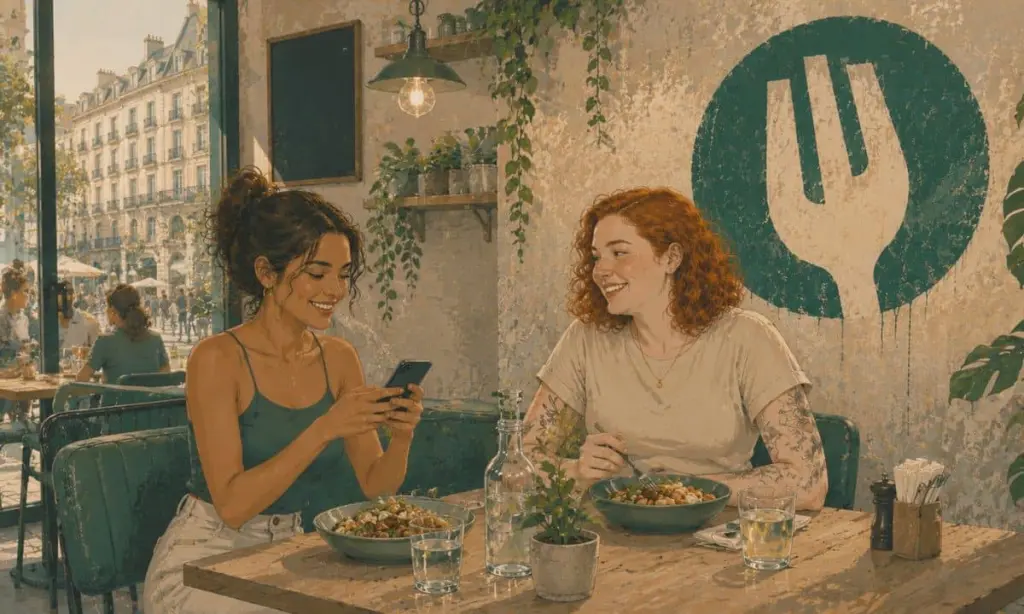 Dos mujeres jóvenes, una pálidad y pelirroja, otra morena, comen en un restaurante mientras una de ellas usa un móvil. En la pared, está pintado el logo de The Fork