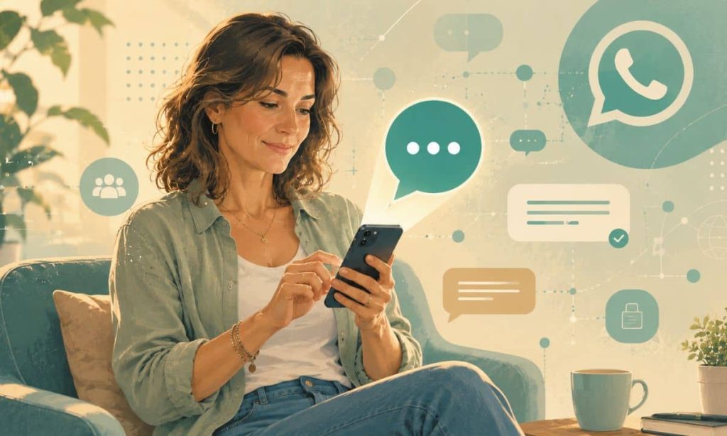una mujer de 40 años vestida de forma casual utilizando el móvil. Del móvil emerge un icono virtual de conversación. De fondo, en otro plano, un fondo que recuerda a elementos de whatsapp, nodos, conversaciones, tec