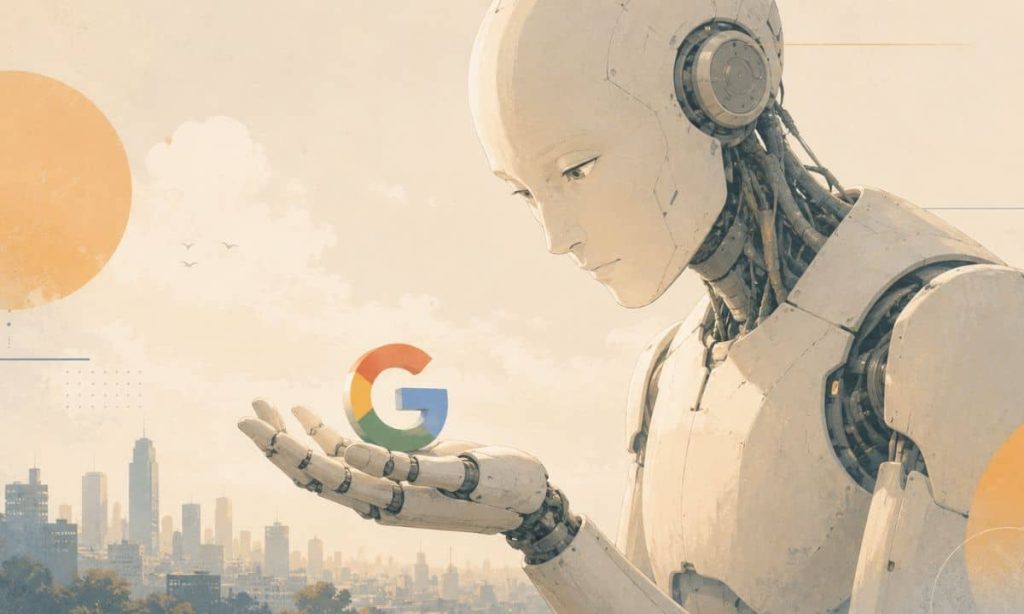 n androide gigante curioso observando a un logo de la G de Google que tiene en la palma de su mano