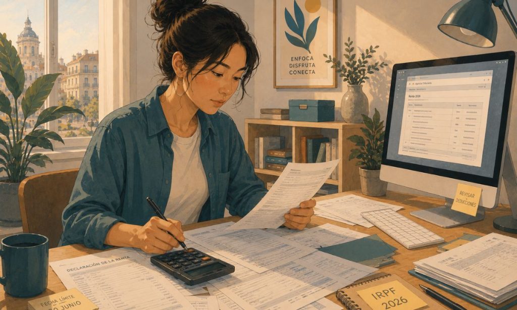 Imagen de una mujer de ascendencia asiática realizando el papeleo para su declaración de la renta. Está en el despacho de su casa, un espacio luminoso y amplio. Estilo ilustración de revista.
