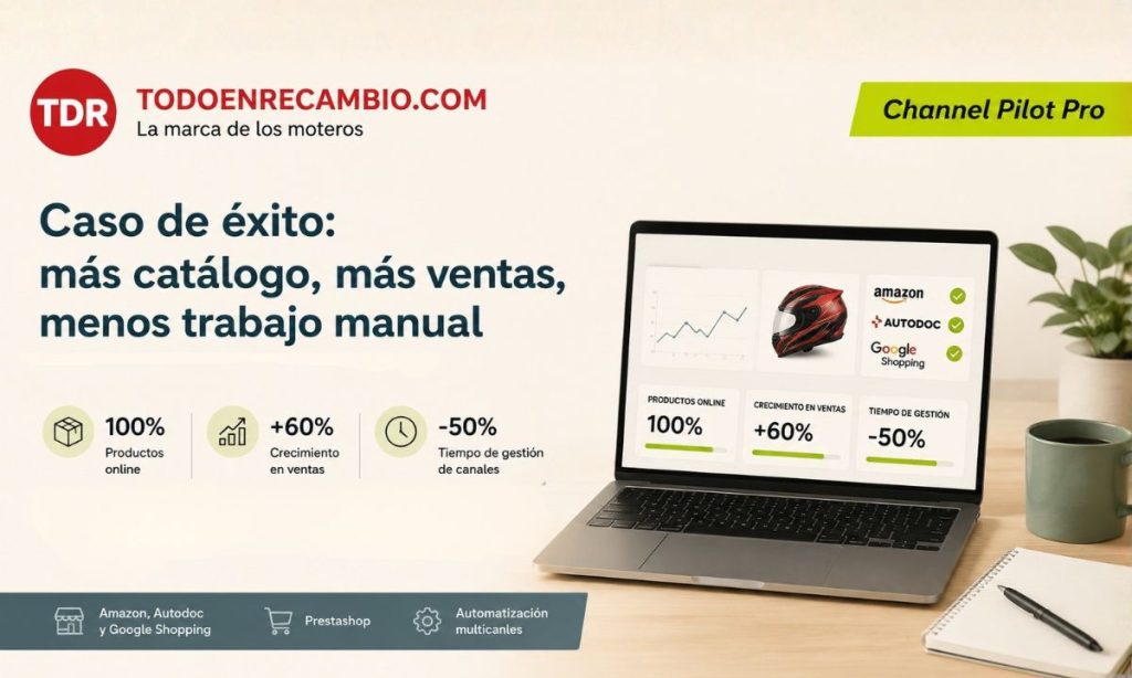 Ilustración de caso de éxito en eCommerce que muestra la automatización de la gestión multicanal de productos, ventas y marketplaces mediante Channel Pilot Pro para una tienda online de recambios de moto.