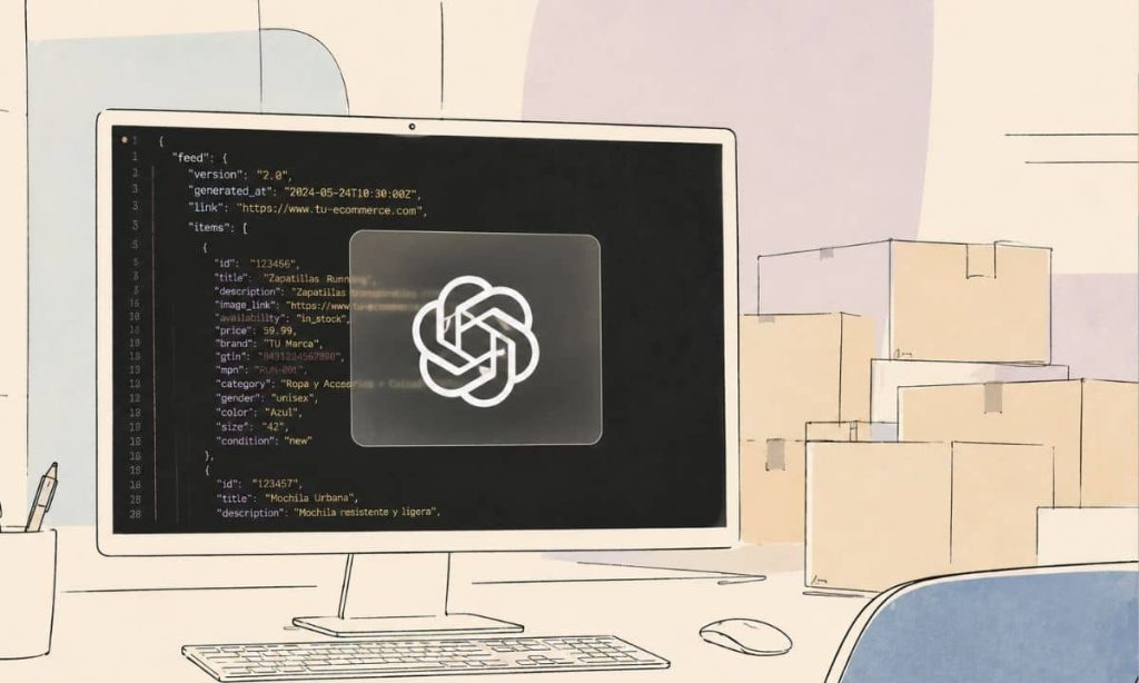 una pantalla de ordenador, en negro, mostrando código de un feed de productos. El protagonismo de la imagen es para un recuadro central, de aspecto traslucido, sobre el que aparece nítido el logo de openai. Tras la pantalla de ordenador, en segundo plano, algo desenfocados, cajas de envíos de ecommerce (sin etiquetas ni logos)