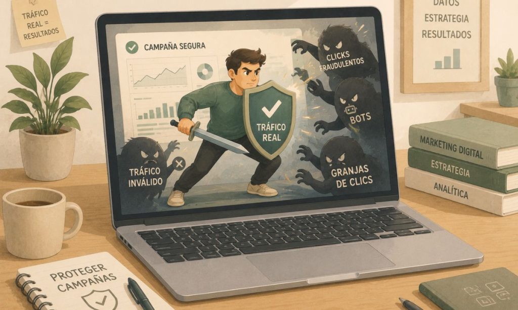 Ilustración de un personaje digital protegiendo una campaña publicitaria dentro de un ordenador portátil, enfrentándose a bots, tráfico inválido y clics fraudulentos con un escudo de seguridad.
