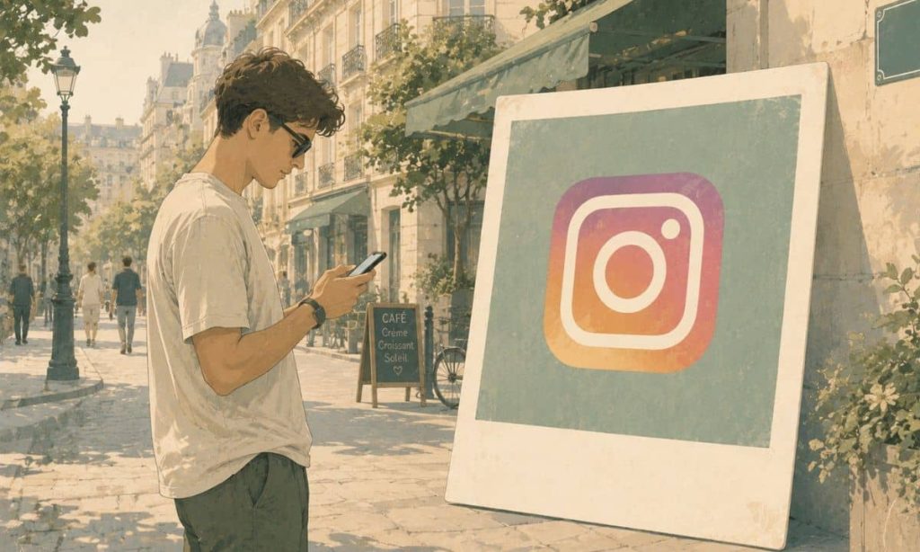 un hombre joven usando el móvil, frente a una foto polaroid gigante con el logo de instagram dentro. Están en la calle de una ciudad europea