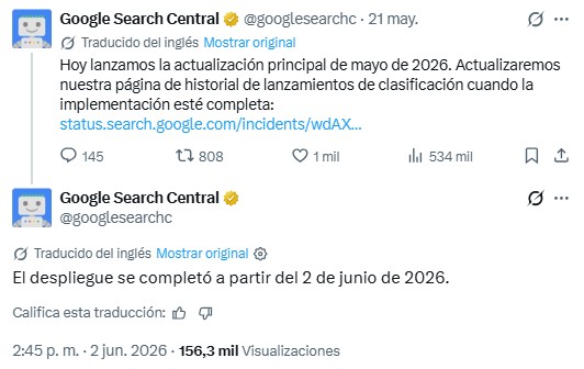 mensaje sobre la core update de mayo