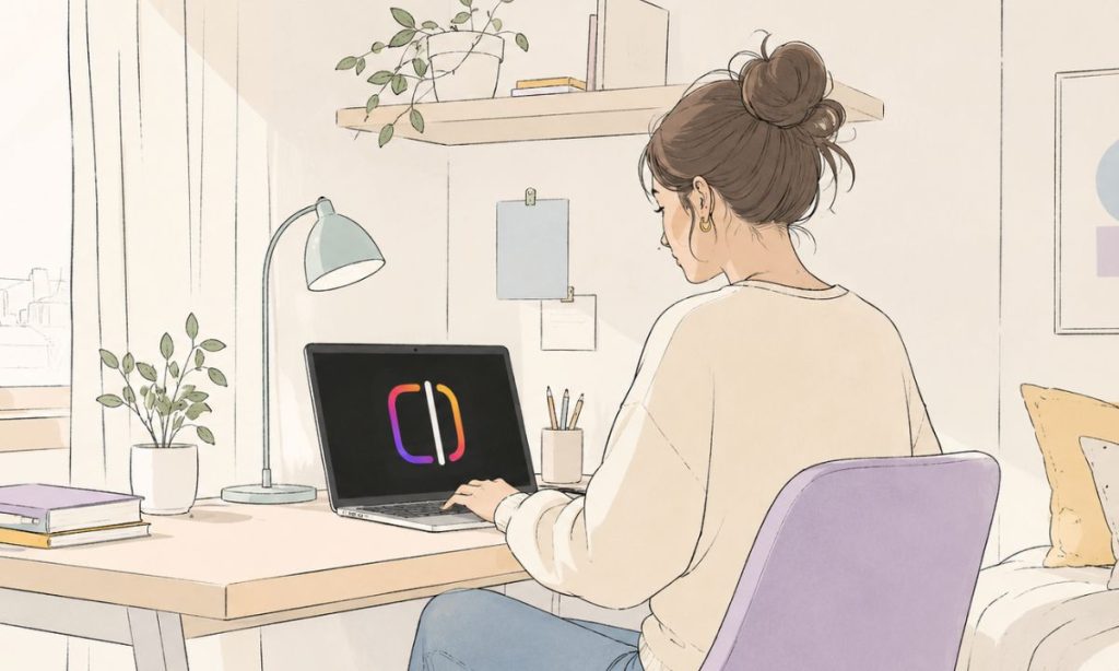 Imagen de una mujer de unos 30 años sentada en el escritorio de su habitación utilizando su ordenador. En la pantalla del ordenador se ve el logo de Edits (adjunto imagen). La habitación está ordenada y es luminosa.