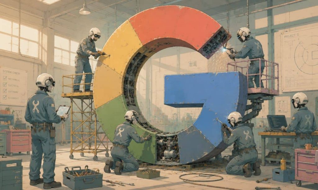un grupo de androides, vestidos como mecánicos, "arreglando" un gigantesco logo de la G de Google