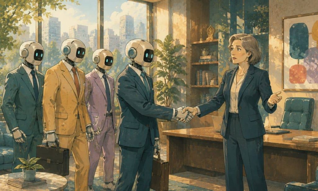 un grupo de androides saludan a una directiva desconcertada en su oficina