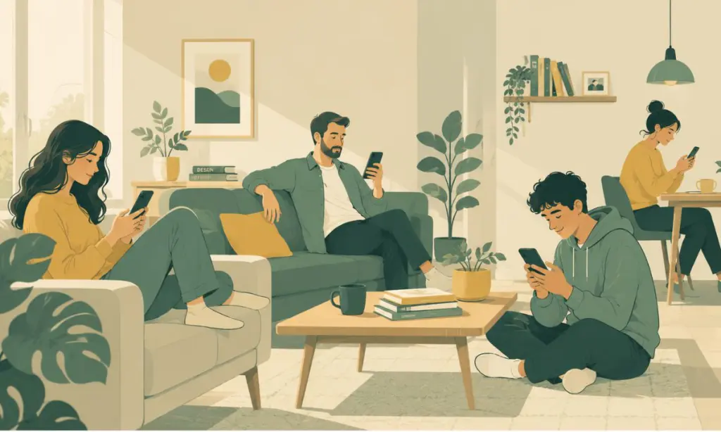 Ilustración en formato panorámico de un salón luminoso con varias personas de diferentes edades utilizando el teléfono móvil en distintas zonas de la casa. Cada una está concentrada en su dispositivo mientras permanece sentada en un sofá, un sillón, el suelo o una mesa. La escena emplea una paleta de colores suaves en tonos verde azulado, crema, amarillo y beige, con un estilo editorial de trazo abierto. No hay texto en la imagen.