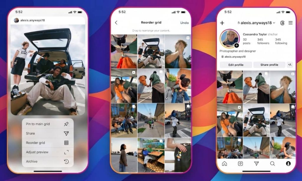 tres capturas de movil mostrando el proceso de reordenación de la cuadrícula del feed de instagram
