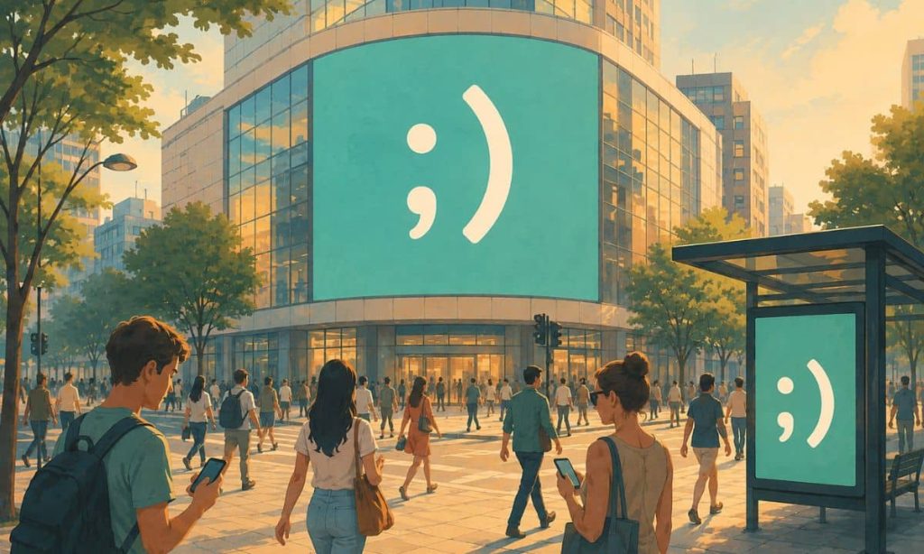 de fondo se vea un gran soporte publicitario digital (una pantalla led en la fachada de un edificio) con una gran sonrisa en ella. Por la calle , delante del edificio, hay gente caminando. Alguna usa el móvil. Hay una marquesina de una parada de autobús con un cartel publicitario que solo muestra la misma sonrisa que has puesto en la pantalla led