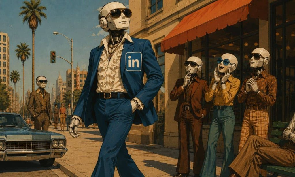 como si fuera una escena de una película de los años 70 o como si fuera Bruno Mars en el videoclip de uptown funk, un androide caminando ufano y chulesco por la calle de una ciudad estadounidense. Lleva un traje azul abierto y camisa con chorreras. En su traje aparece el logotipo de linkedin. Otros robots lo ven pasar admirados