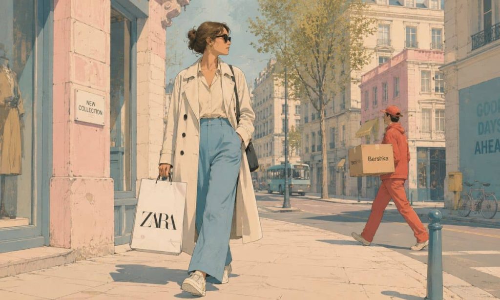 , una ilustración en la que se vea una persona caminando con una bolsa de Zara por la calle. Al fondo, un repartidor vestido de rojo, lleva un paquete con el logo de Bershka