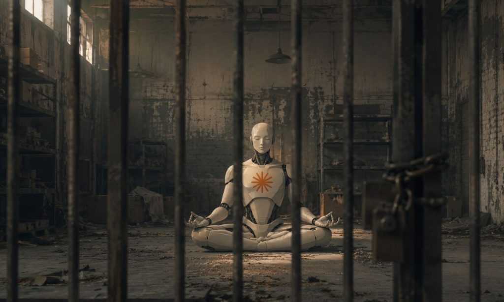 un androide con el logo de claude fable medita en el centro de un alamcén abandonado que vemos tras una reja