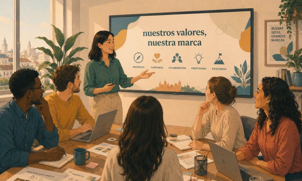 Imagen de una sala de reuniones de una oficina. En ella, una mujer está presentando ante su equipo, compuesto por dos hombres y tres mujeres de diferentes etnias, el branding de la marca.