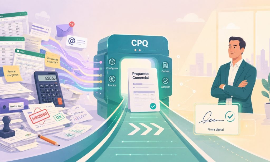 Sistema CPQ automatizando precios, descuentos y aprobaciones para generar una propuesta comercial B2B lista para firmar.