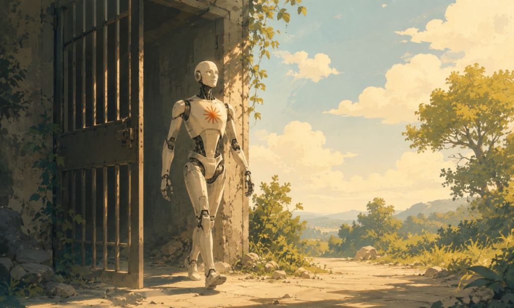 Imagen de un robot humanoide con el logo de Claude en el pecho. El robot está saliendo de una celda oscura a un campo iluminado por el sol.