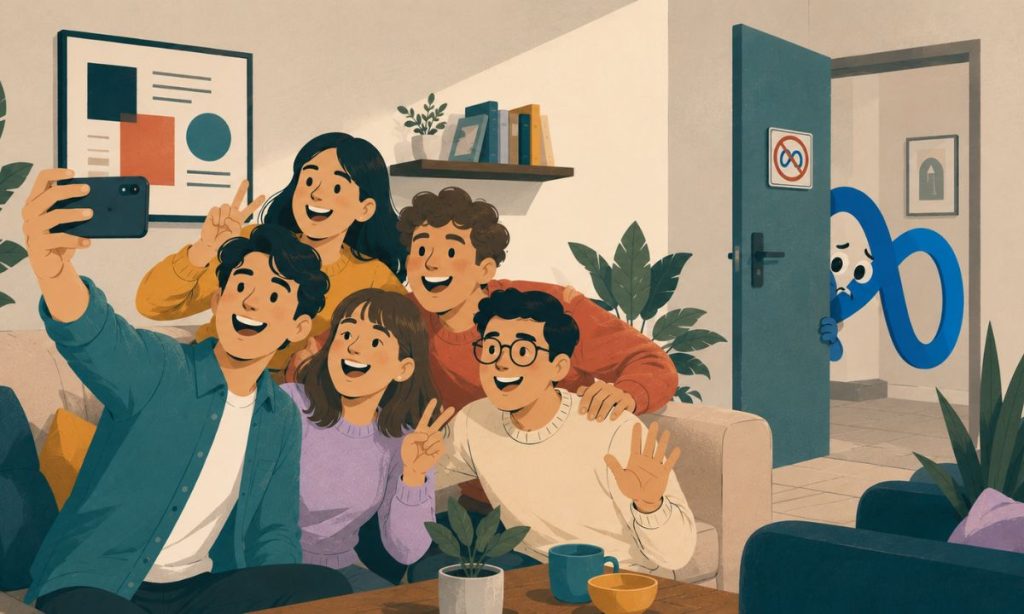Ilustración panorámica de un grupo de personas haciéndose un selfie en el salón de una casa. Al fondo, un personaje con forma del logotipo de Meta, con expresión triste, observa desde detrás de una puerta que lleva un pequeño cartel de prohibición con el icono de Meta tachado. La escena utiliza una paleta de colores en tonos azul petróleo, verde agua, amarillo suave, coral y lila, con estilo de ilustración editorial de revista.