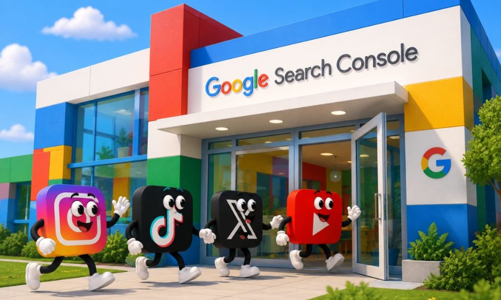 Imagen de un edificio de los colores de Google en cuya entrada pone "Google Search Console". Cuatro muñecos están entrando alegremente al edificio. Cada uno de los muñecos representa a una red social (Instagram, TikTok, X y YouTube) y sus cuerpos son los logos de esas redes sociales. Tienen brazos y piernas, boca y ojos saltones simpáticos