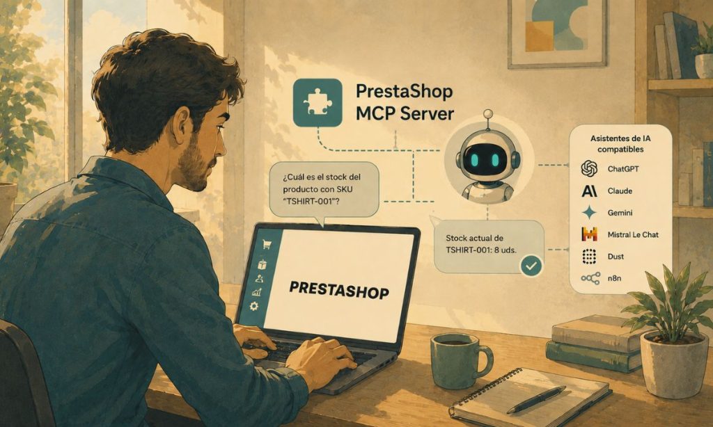 Ilustración de un comerciante gestionando su tienda PrestaShop mediante un asistente de inteligencia artificial, mostrando cómo consultar el stock y automatizar tareas con lenguaje natural.