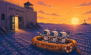 Imagen de tres robots escapando de una prisión que pone Anthropic. Los robots se han subido en una balsa para huir por un mar hecho de unos y ceros (representando Internet). la balsa tiene nombre escrito en ella "Internet", al estilo marinero.