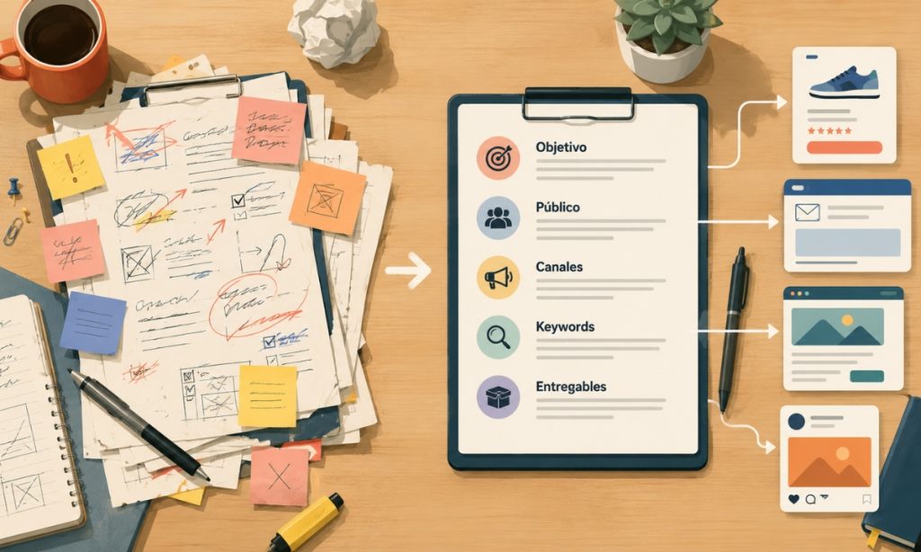 Ilustración de un briefing de marketing que pasa de un estado caótico a otro estructurado, mostrando cómo una mejor organización facilita la creación de contenidos para distintos canales.