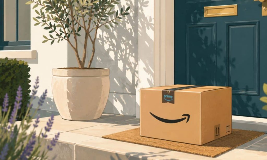 ilustración 16/9 de trazo abierto, propia de revista de alta calidad, en la que sev vea una caja de amazon en la puerta de una casa en un día soleado