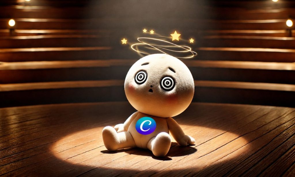 Imagen de un muñequito redondeado que está caído de culo en un escenario. Sus ojos son espirales y alrededor de su cabeza hay círculos y estrellas, representando su mareo. En el pecho lleva el logo de Canva.